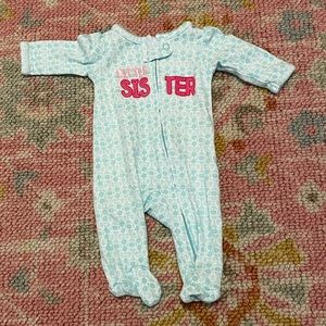 Infant/preemie ‘little sister’ zip up footie